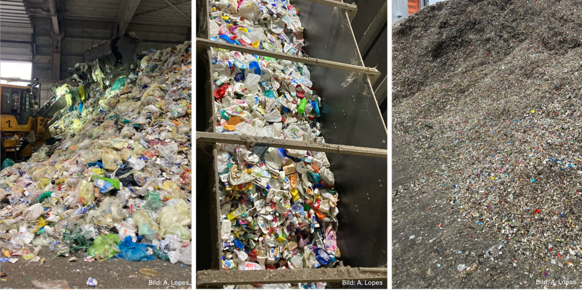 (v.l.n.r.): Angelieferte Leichtverpackungsabfälle; sortierte High-Density Polyethylene (HDPE) -Fraktion zur stofflichen Verwertung; Fraktion < 30 mm zur energetischen Verwertung