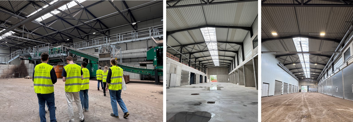 (v.l.n.r.) Vorbehandlungsanlage, Halle mit Rotteboxen (rechts) und Fermentertunneln (links) in der Bauphase und während der Inbetriebnahme