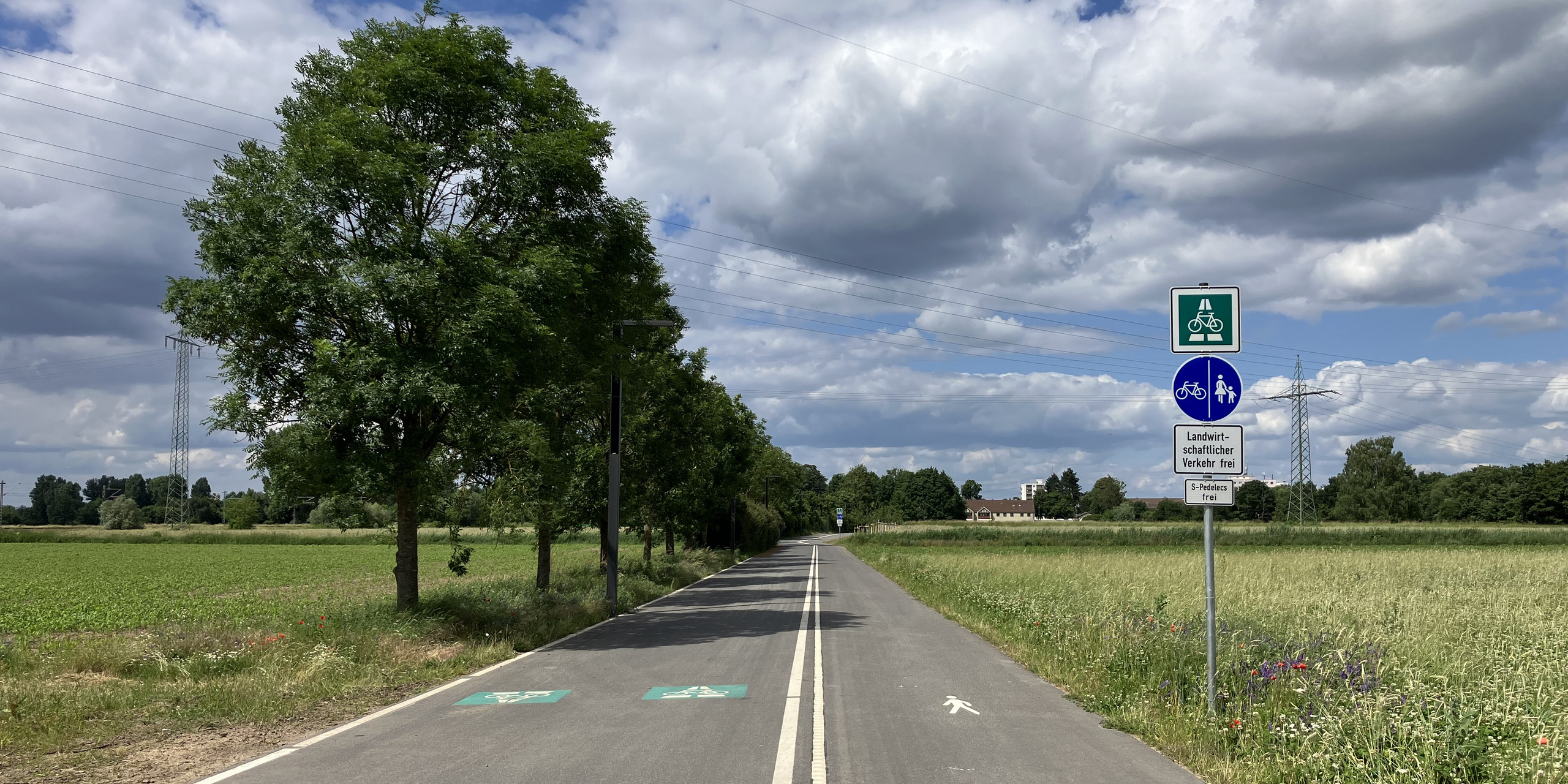 Bild von der Radschnellverbindung bei Darmstadt-Arheilgen mit getrenntem Gehweg und Radweg und der zugehörigen Beschilderung mit Zusatzschild "S-Pedelecs frei"