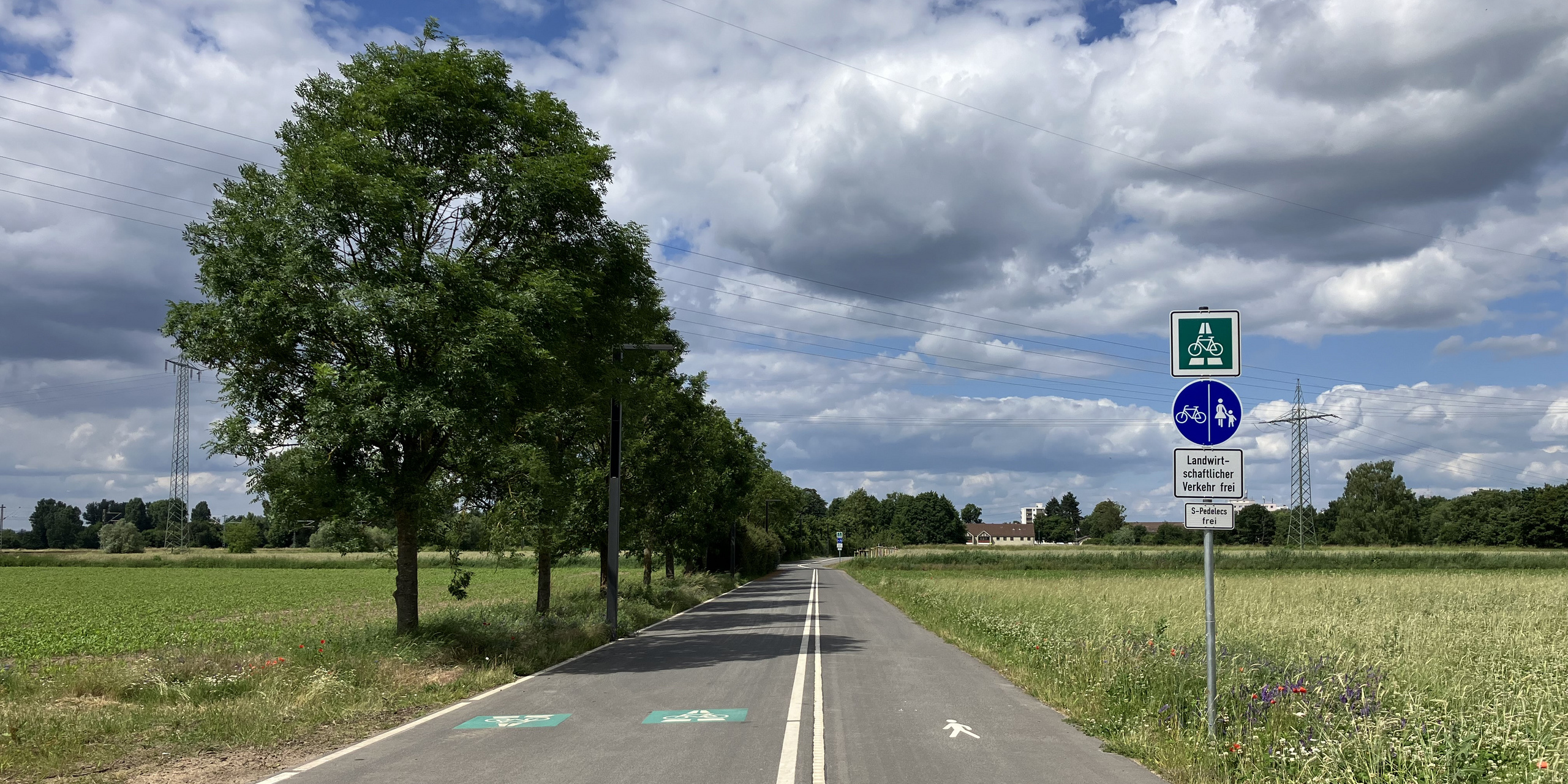 Bild von der Radschnellverbindung bei Darmstadt-Arheilgen mit getrenntem Gehweg und Radweg und der zugehörigen Beschilderung mit Zusatzschild "S-Pedelecs frei"